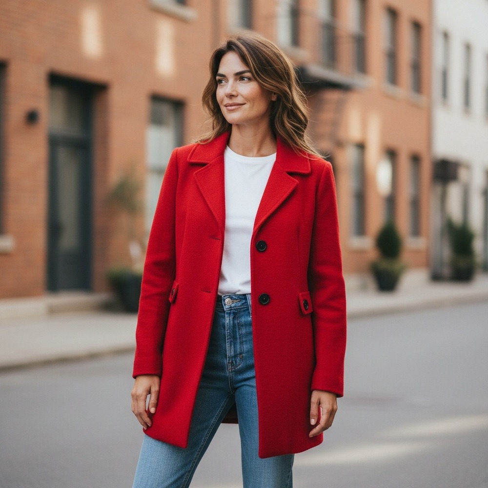 Y2K Calvin Klein‎ Red Wool Blend Button Coat Womens P6 Royalcore Sophisticated